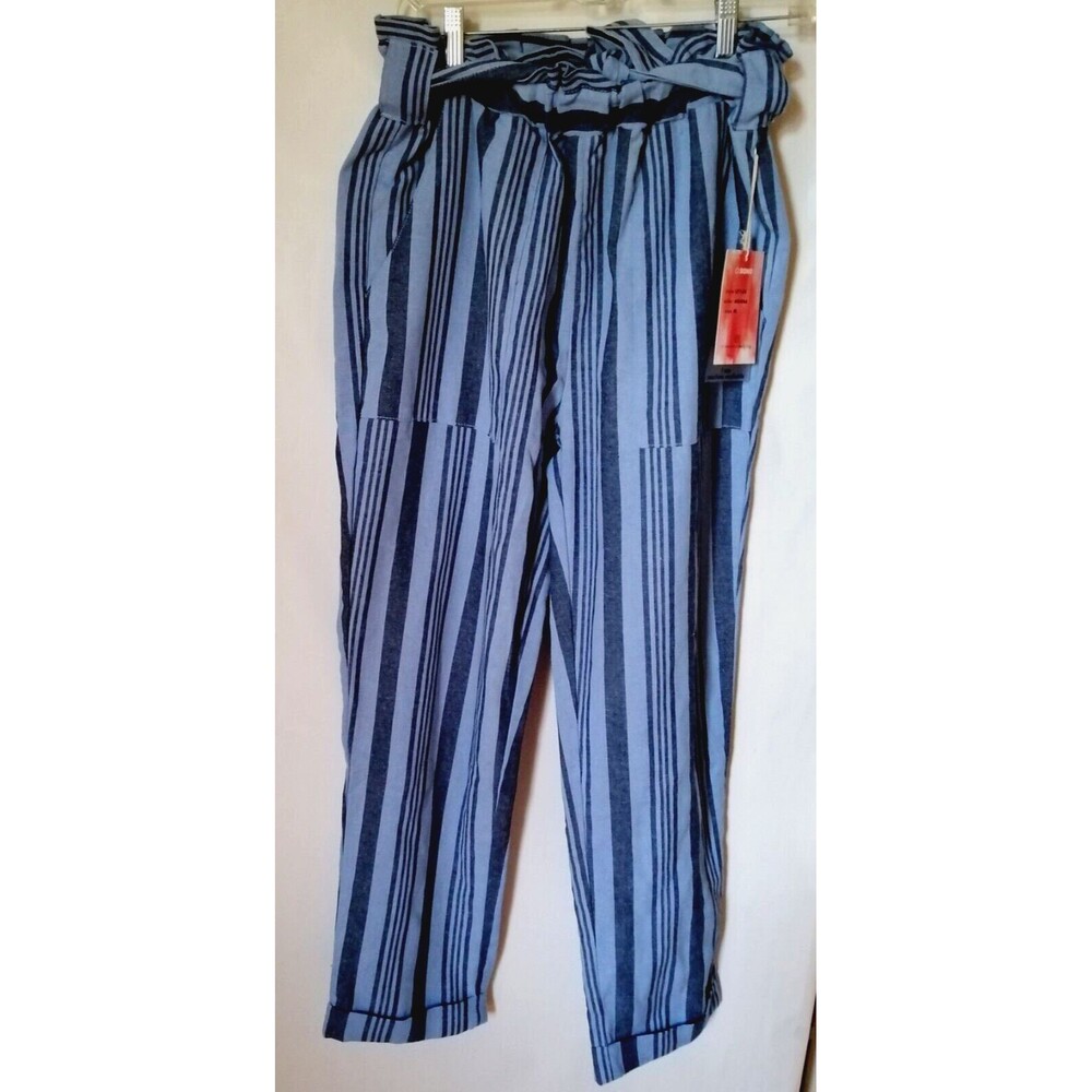 NWT Women Pants Striped High Rise Elastic Waist Blue Big Pockets Size M